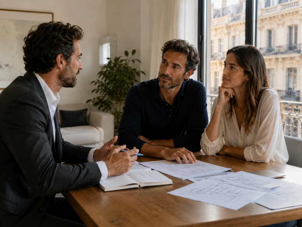 property buyers agent advice - Real Estate Barcelona Three professionals in a meeting around a wooden table with documents, discussing a plan while one man takes notes in a notebook.